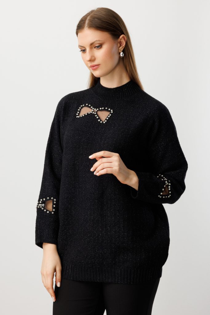 ONTRİKO Taşlı Transparan Detaylı Triko Kazak 60306 - Siyah