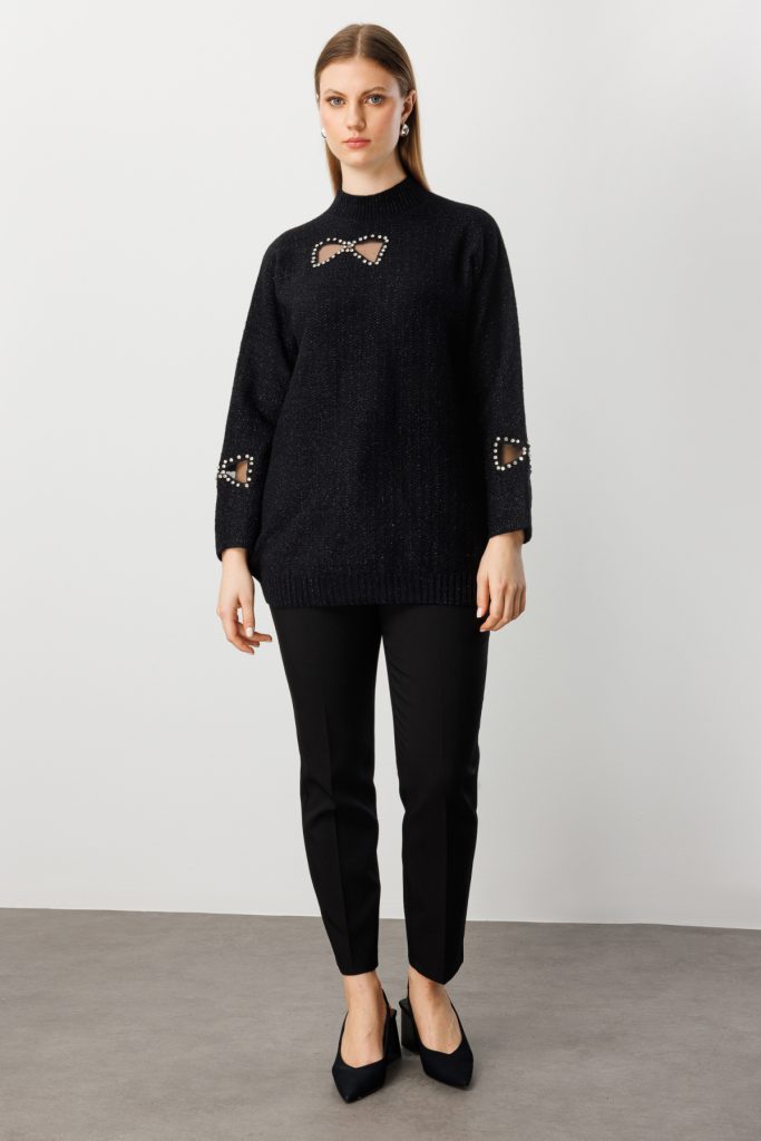 ONTRİKO Taşlı Transparan Detaylı Triko Kazak 60306 - Siyah