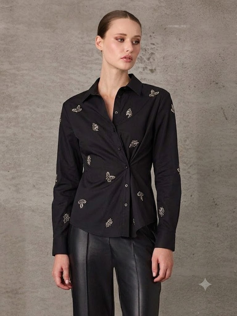 UNIQUE Nakış Detaylı Cotton Gömlek 267009 - Siyah