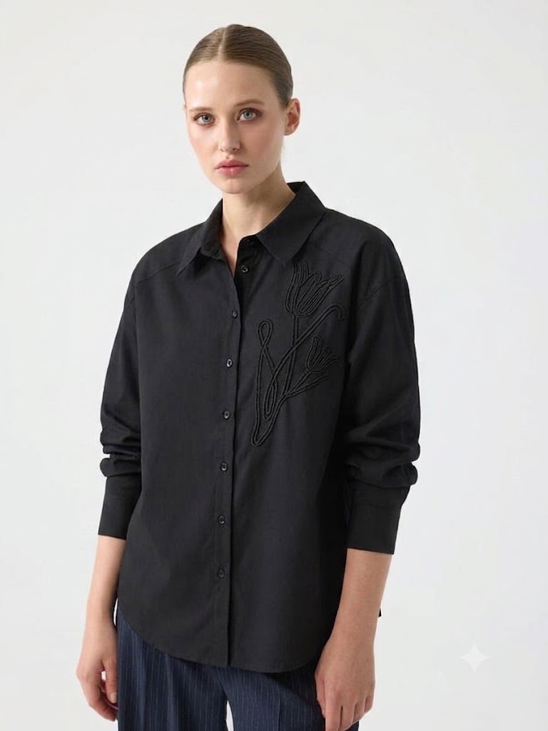 UNIQUE Omuz Kenarı Nakış Detaylı Cotton Gömlek 267010 - Siyah