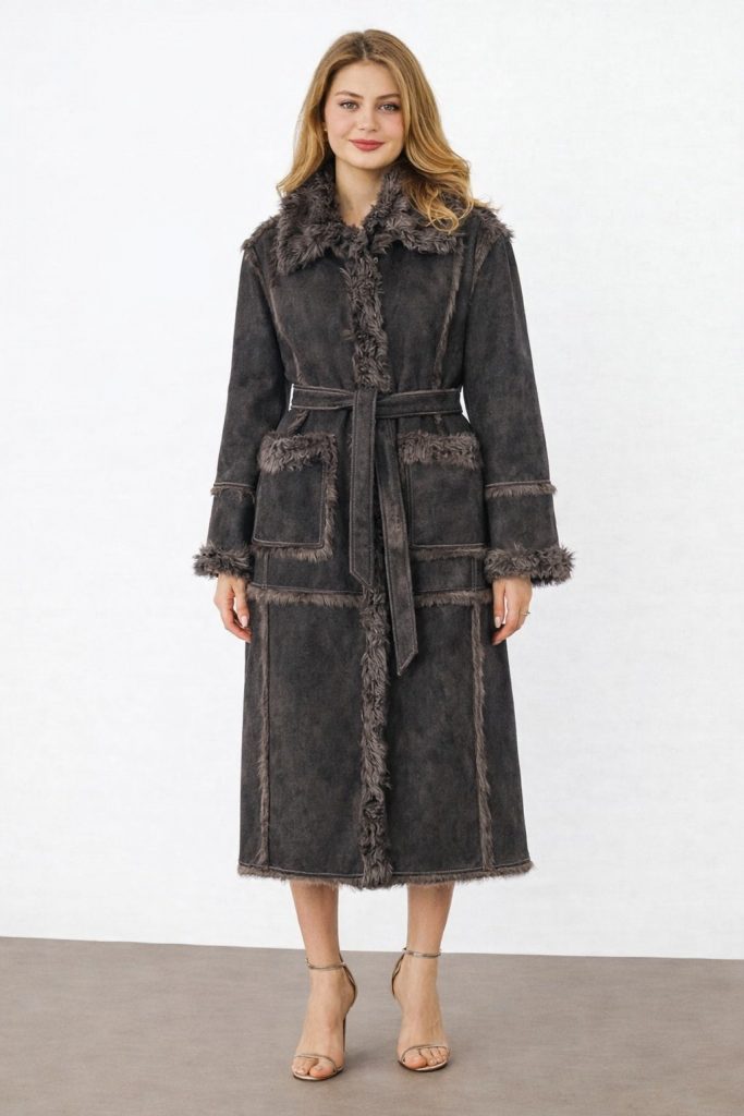 İPEKYOL Suni kürk mix kuşaklı mont IW6250012088 - GRİ