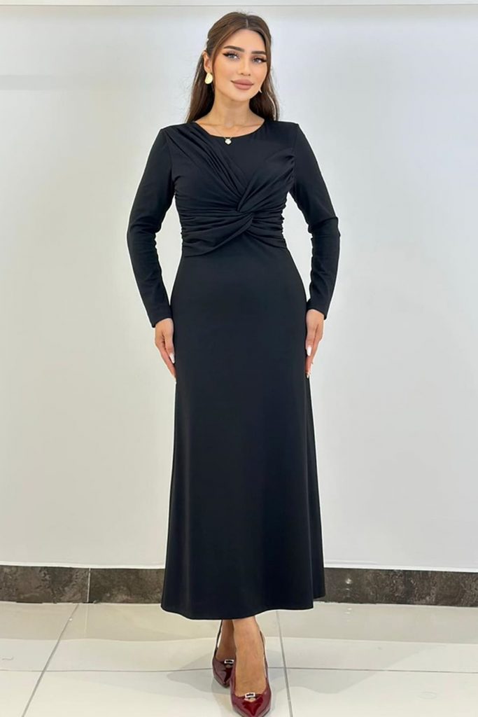 FEVER Büzgü Detaylı Likralı Örme Elbise 16043 - Siyah