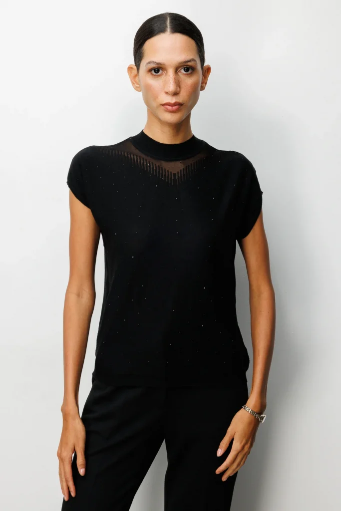 ON TRİKO Transparan Detaylı Taşlı Bluz 60439 - Siyah