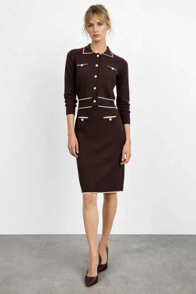 ON TRİKO Süs Düğmeli Diz Üstü Triko Etek 69915 - kahve