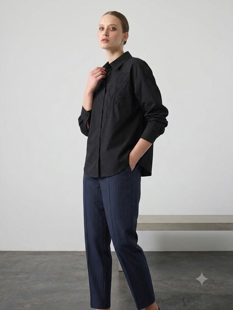 UNIQUE Omuz Kenarı Nakış Detaylı Cotton Gömlek 267010 - Siyah