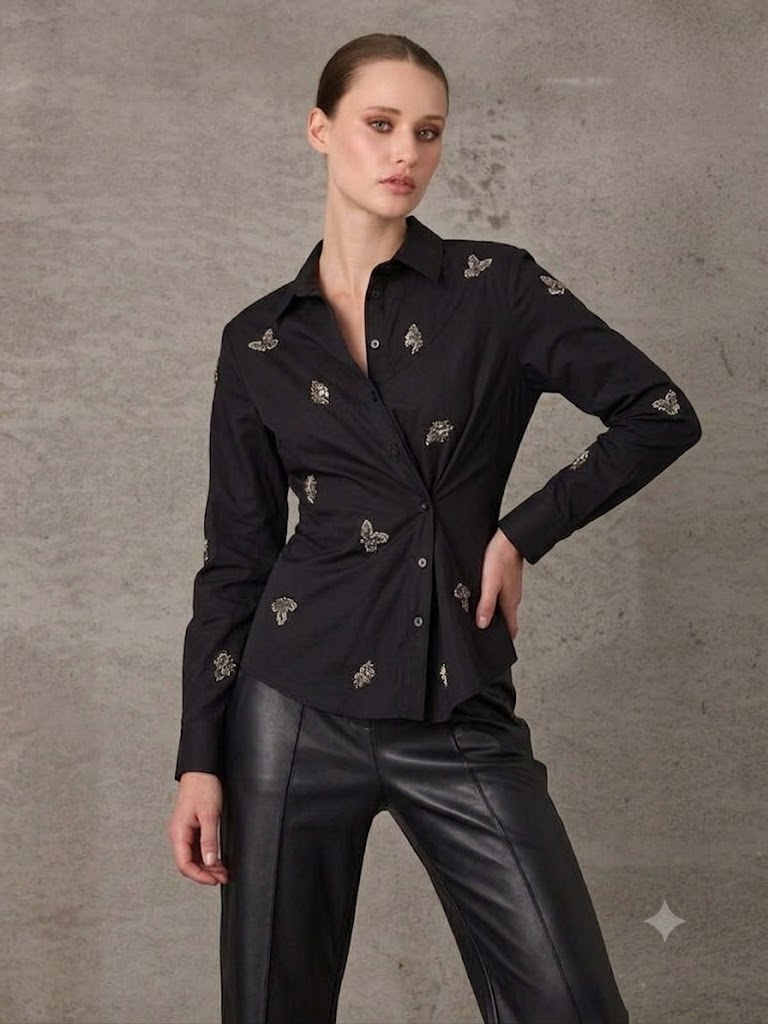 UNIQUE Nakış Detaylı Cotton Gömlek 267009 - Siyah