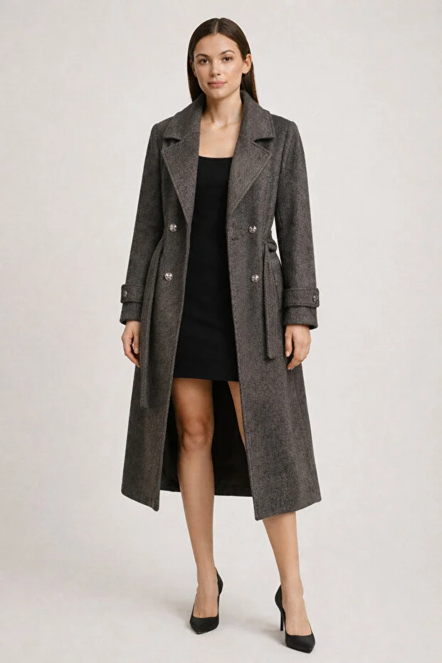 EKOL Beli Kuşaklı Kolları Apoletli Kaban 6061 - kahve