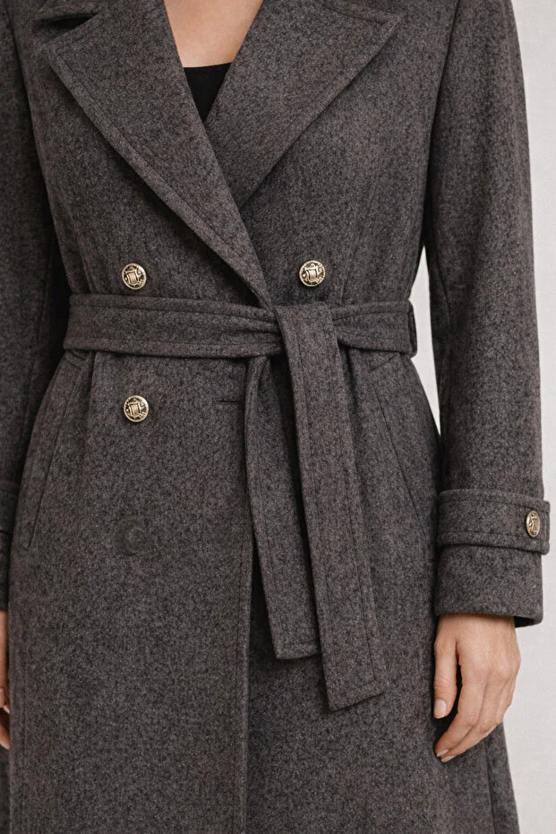 EKOL Beli Kuşaklı Kolları Apoletli Kaban 6061 - kahve