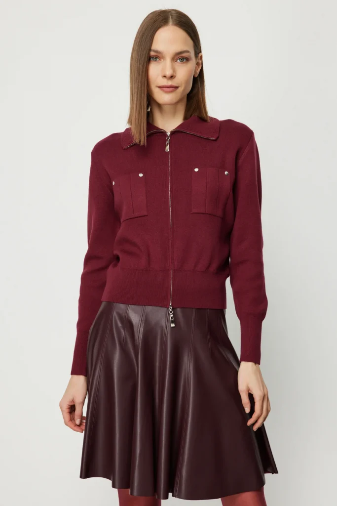 ON TRİKO Cep Detaylı Fermuarlı Triko Hırka 69904 - bordo