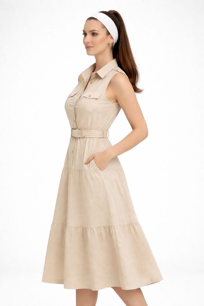 DİZAYN Düğme Detaylı Apoletli Keten Elbise 4718