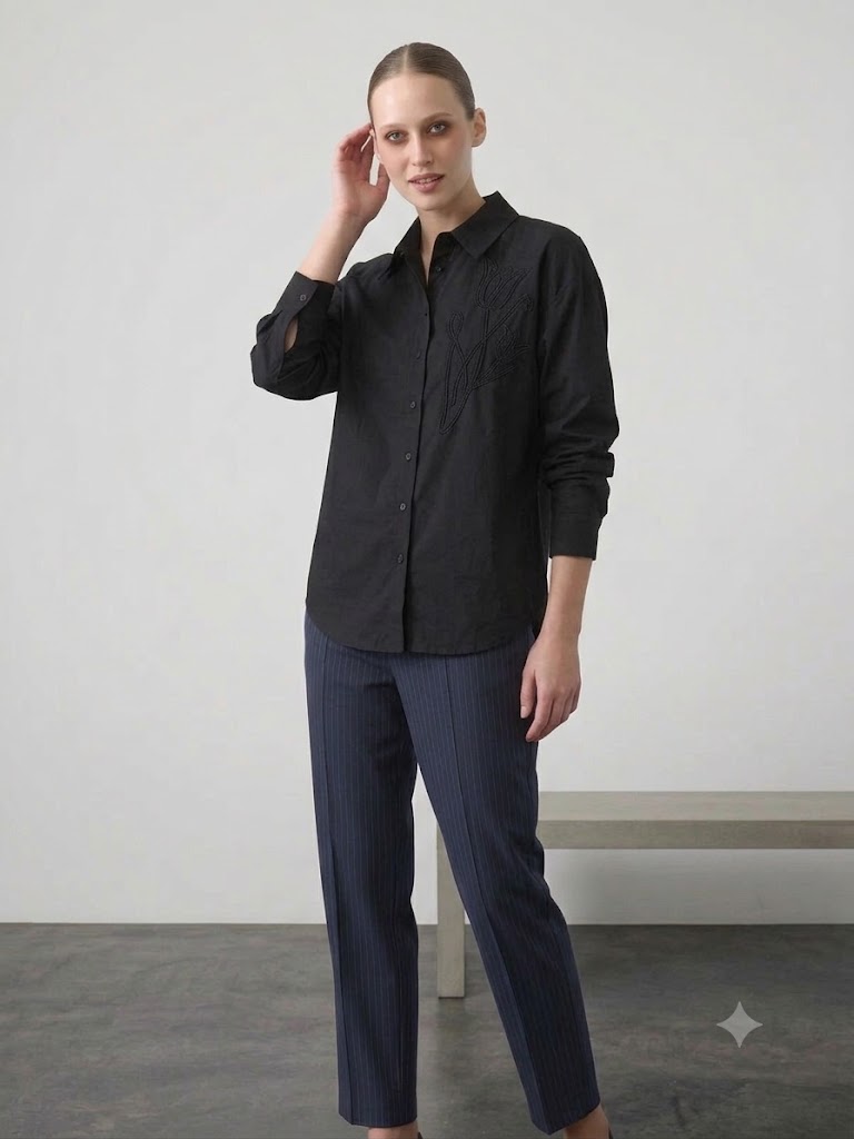 UNIQUE Omuz Kenarı Nakış Detaylı Cotton Gömlek 267010 - Siyah