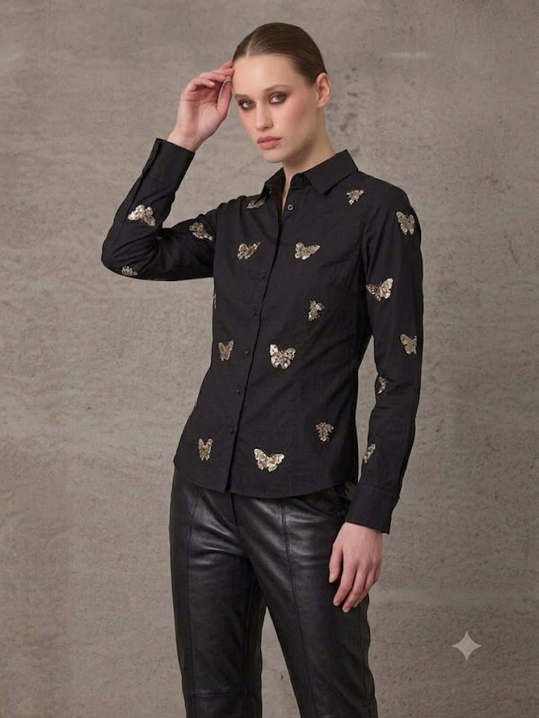 UNIQUE Nakış Detaylı Cotton Gömlek 267009 - Siyah