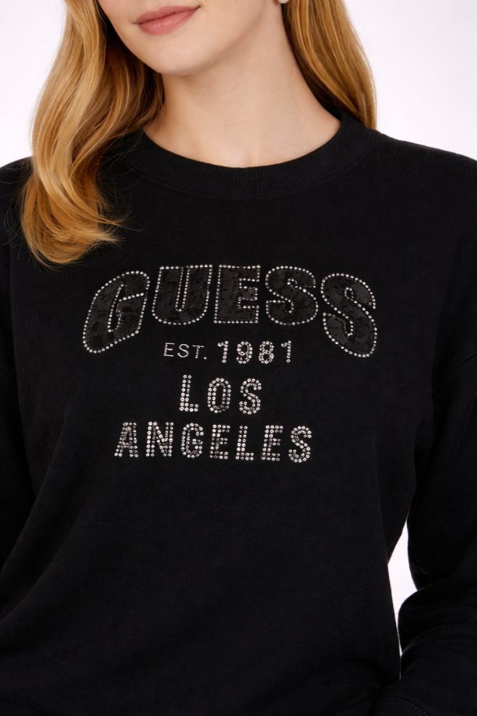 GUESS Yazılı Taş İşlemeli Sweat W5YR26Z26I2 - Siyah