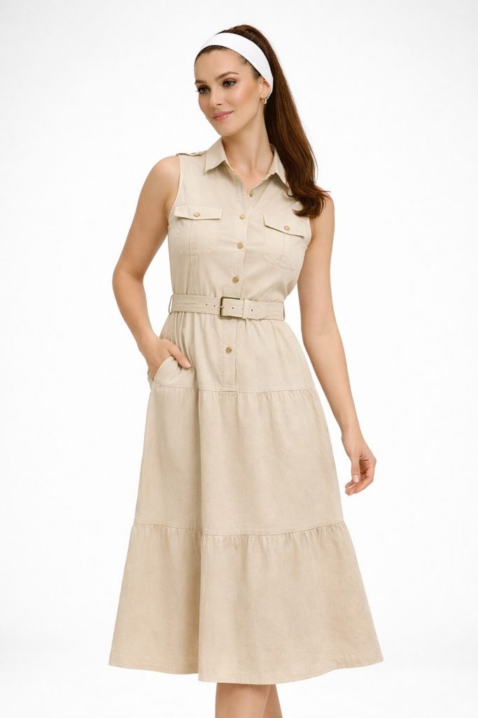 DİZAYN Düğme Detaylı Apoletli Keten Elbise 4718 - BEJ
