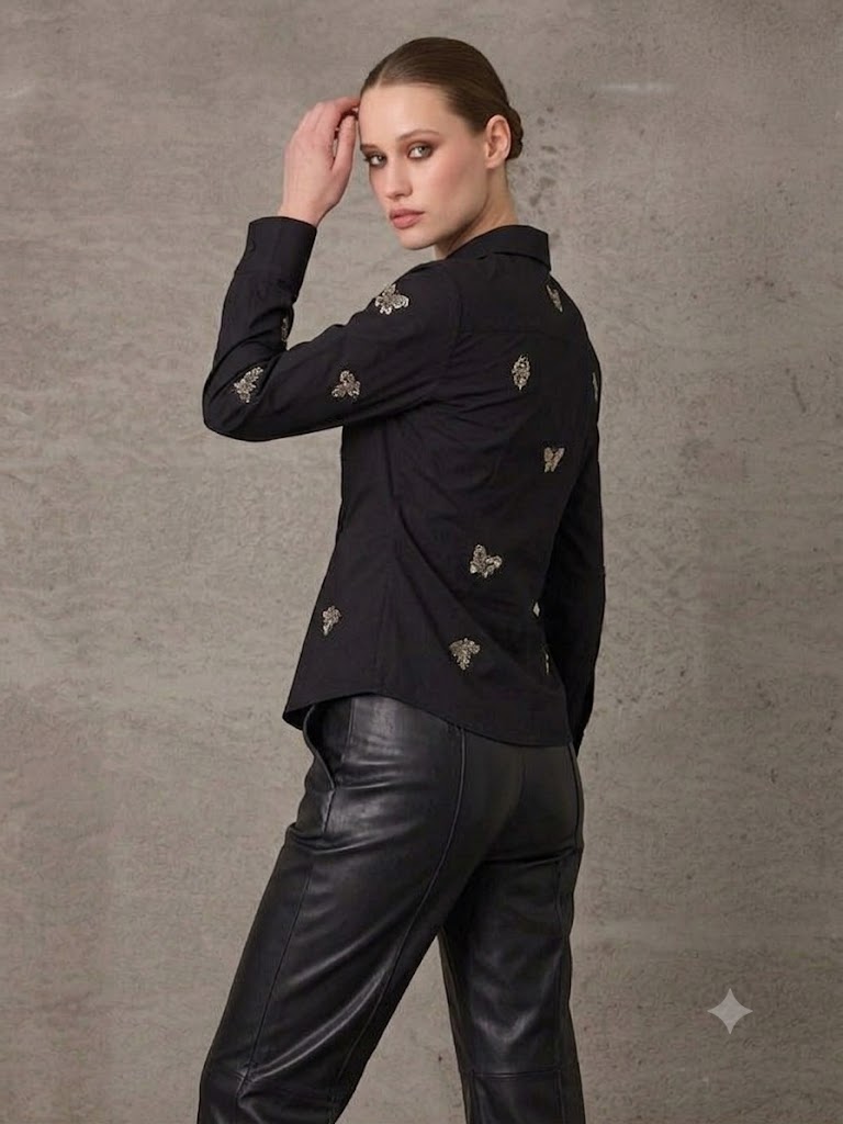 UNIQUE Nakış Detaylı Cotton Gömlek 267009 - Siyah