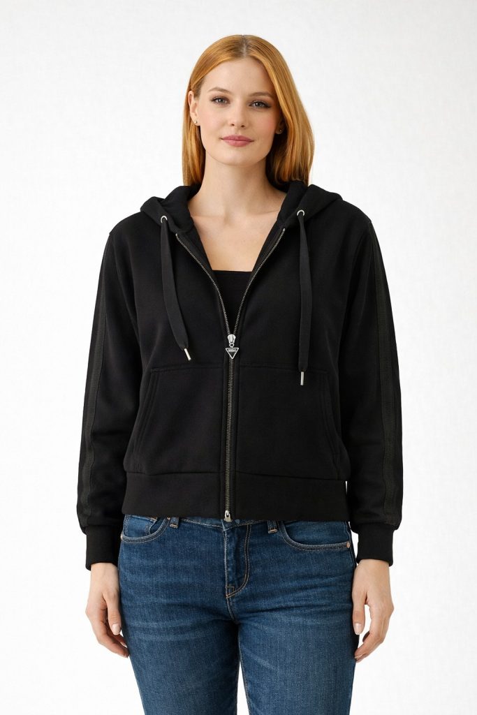 GUESS Tam Fermuarlı Dalış Kumaşlı Kapüşonlu Sweat W5YQ05KBYE2 - Siyah