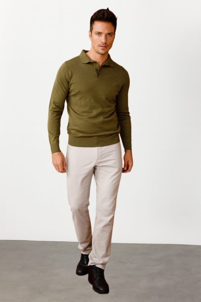 DEEN Basic Polo Yaka İnce Triko Kazak 21601 - HAKİ