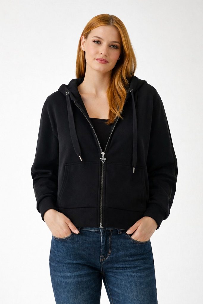 GUESS Tam Fermuarlı Dalış Kumaşlı Kapüşonlu Sweat W5YQ05KBYE2 - Siyah