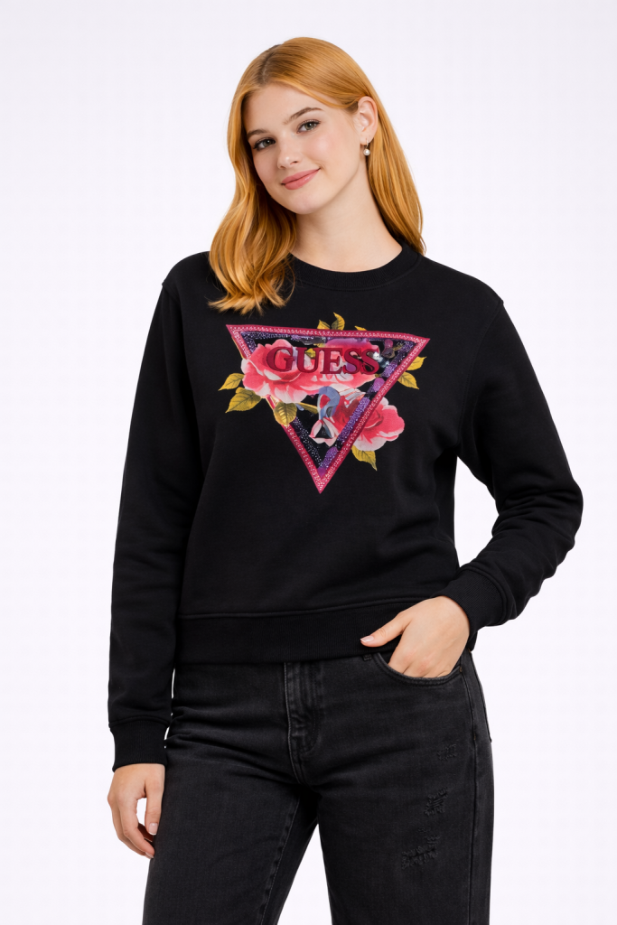 GUESS Triangle Eco Sleek Poly Cotton Fleece Sweatshirt  W4YQ26K9Z21 - Siyah