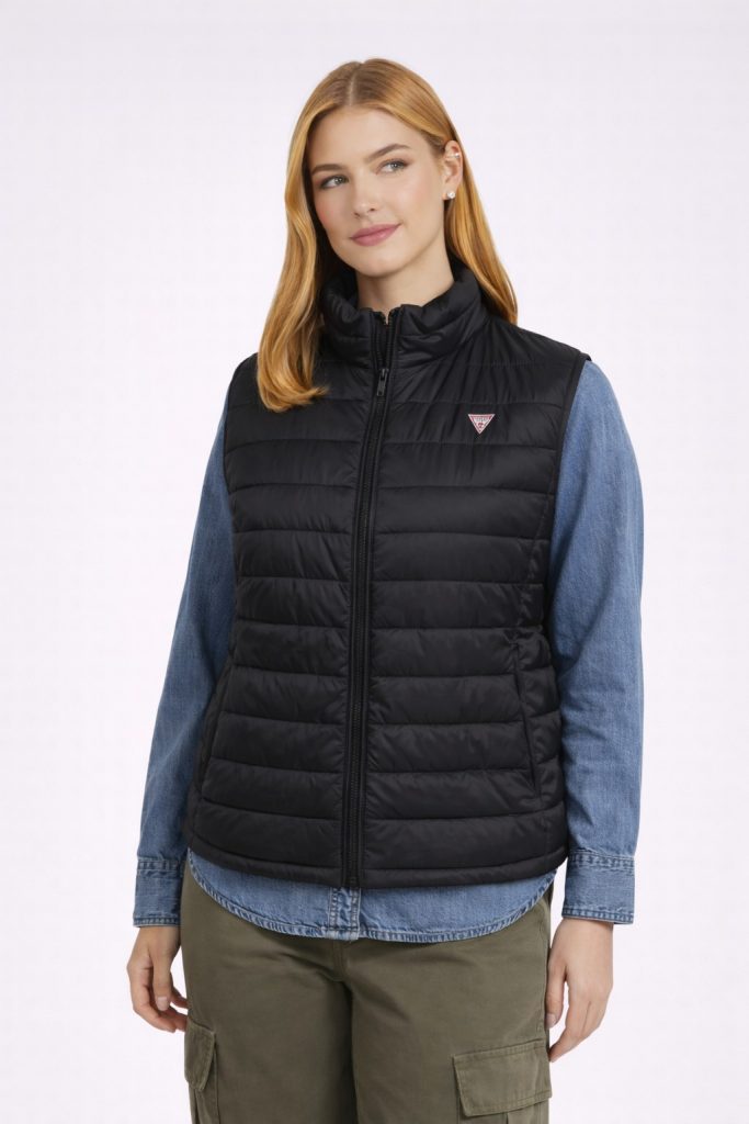 GUESS Üçgen Logolu Naylon Şişme Yelek  W4YN11WG922 - Siyah