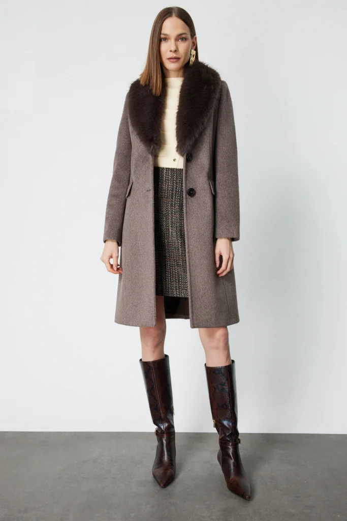 EKOL Yakası Kürklü Kapak Cepli Kaban 6065 - mokka