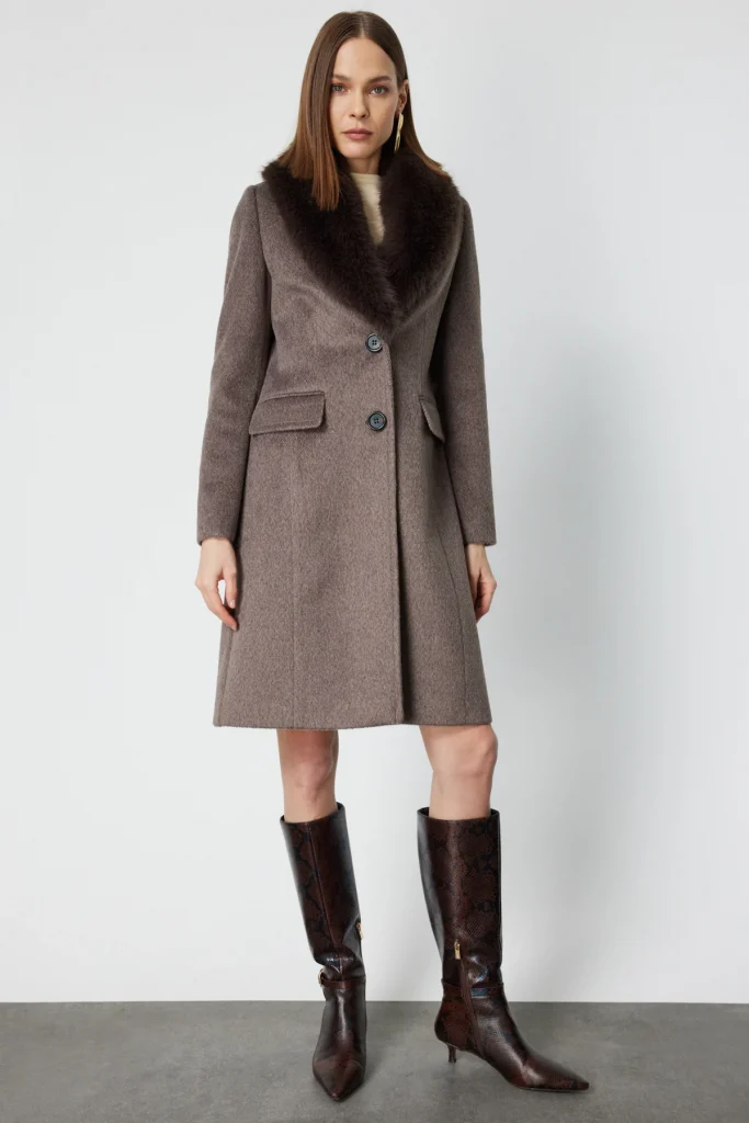 EKOL Yakası Kürklü Kapak Cepli Kaban 6065 - mokka