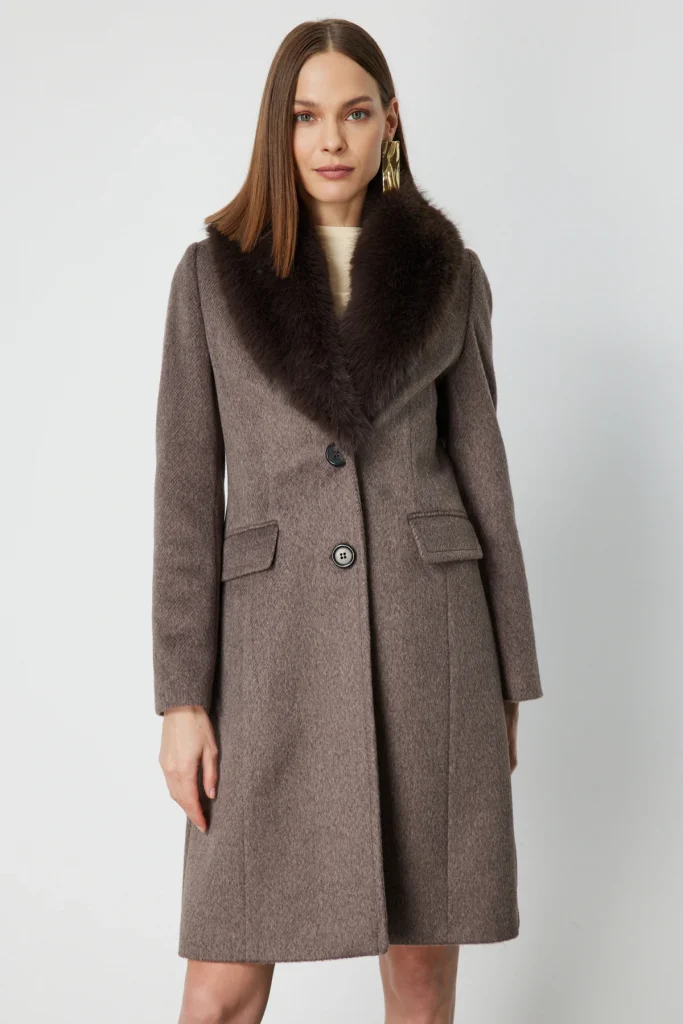 EKOL Yakası Kürklü Kapak Cepli Kaban 6065 - mokka