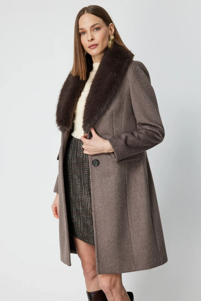 EKOL Yakası Kürklü Kapak Cepli Kaban 6065 - mokka