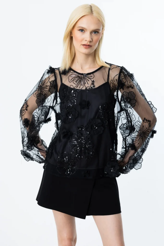 Ekol İç Atletli Pul Çiçek İşlemeli Bluz - Siyah