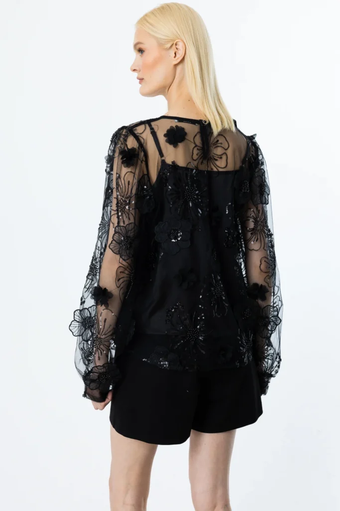 Ekol İç Atletli Pul Çiçek İşlemeli Bluz - Siyah