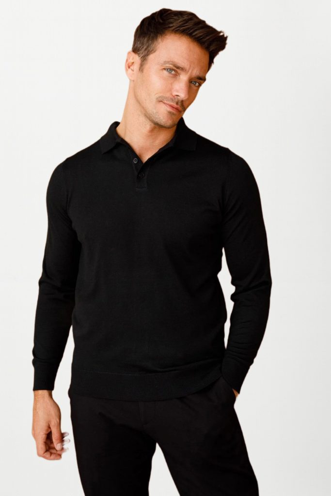 DEEN Basic Polo Yaka İnce Triko Kazak 21601 - Siyah