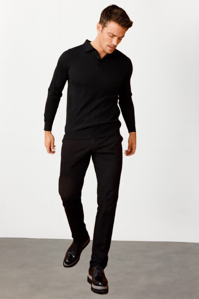 DEEN Basic Polo Yaka İnce Triko Kazak 21601 - Siyah