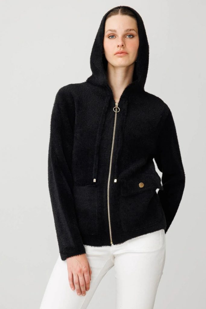 DESEN Kapüşonlu Fermuarlı Kısa Triko Sweatshirt 25005 - Siyah