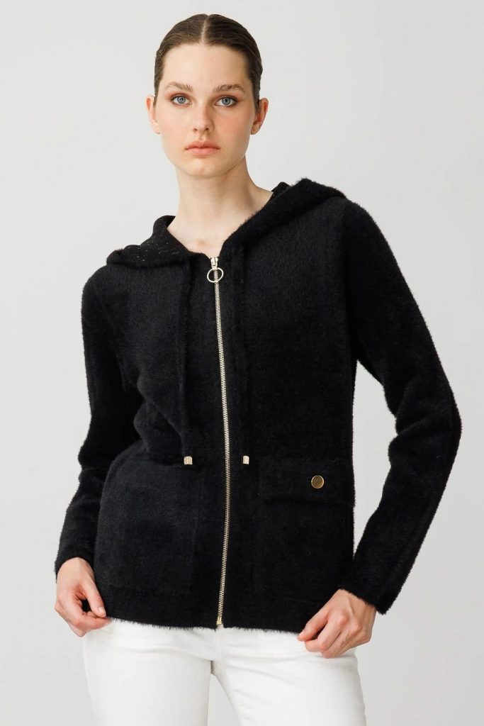 DESEN Kapüşonlu Fermuarlı Kısa Triko Sweatshirt 25005 - Siyah