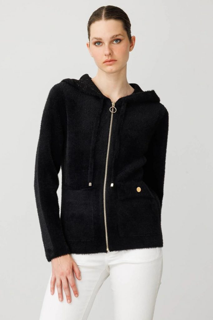 DESEN Kapüşonlu Fermuarlı Kısa Triko Sweatshirt 25005 - Siyah