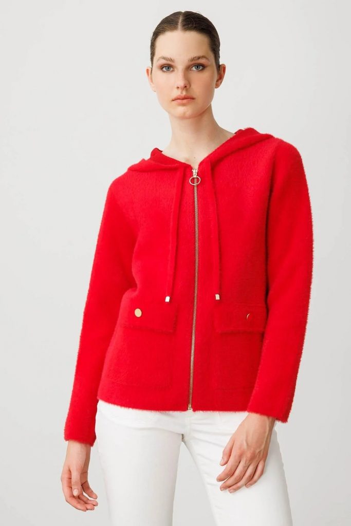 DESEN Kapüşonlu Fermuarlı Kısa Triko Sweatshirt 25005 - KIRMIZI