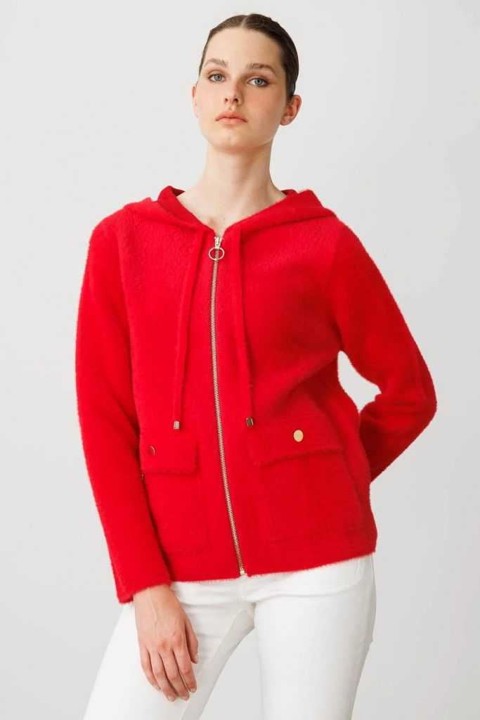 DESEN Kapüşonlu Fermuarlı Kısa Triko Sweatshirt 25005 - KIRMIZI