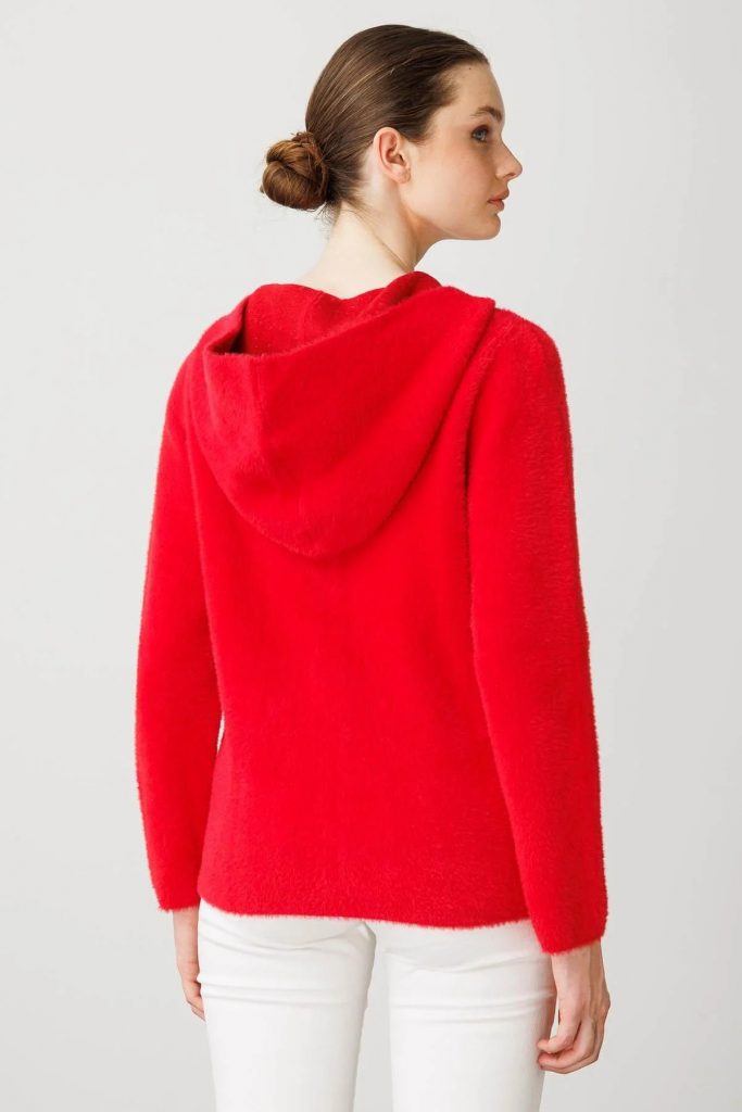 DESEN Kapüşonlu Fermuarlı Kısa Triko Sweatshirt 25005 - KIRMIZI