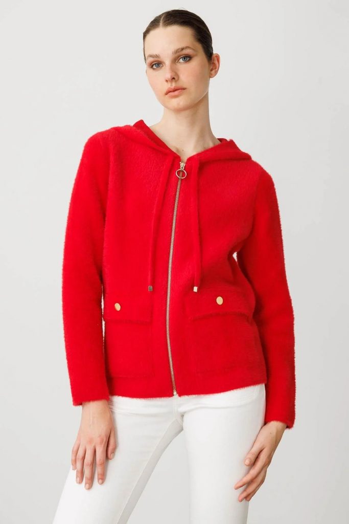 DESEN Kapüşonlu Fermuarlı Kısa Triko Sweatshirt 25005 - KIRMIZI