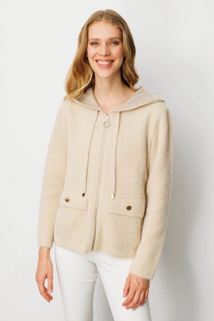 DESEN Kapüşonlu Fermuarlı Kısa Triko Sweatshirt 25005 - BEJ