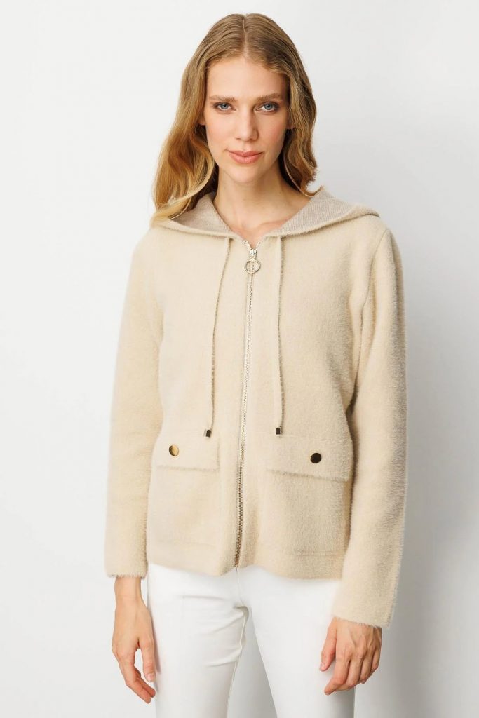 DESEN Kapüşonlu Fermuarlı Kısa Triko Sweatshirt 25005 - BEJ