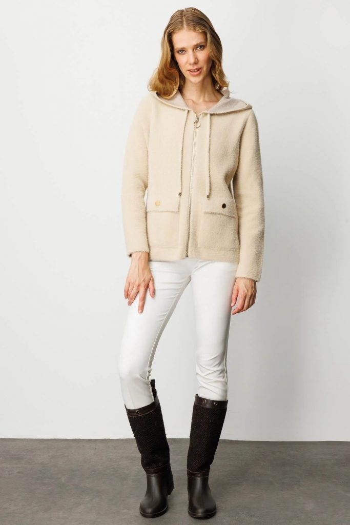 DESEN Kapüşonlu Fermuarlı Kısa Triko Sweatshirt 25005 - BEJ