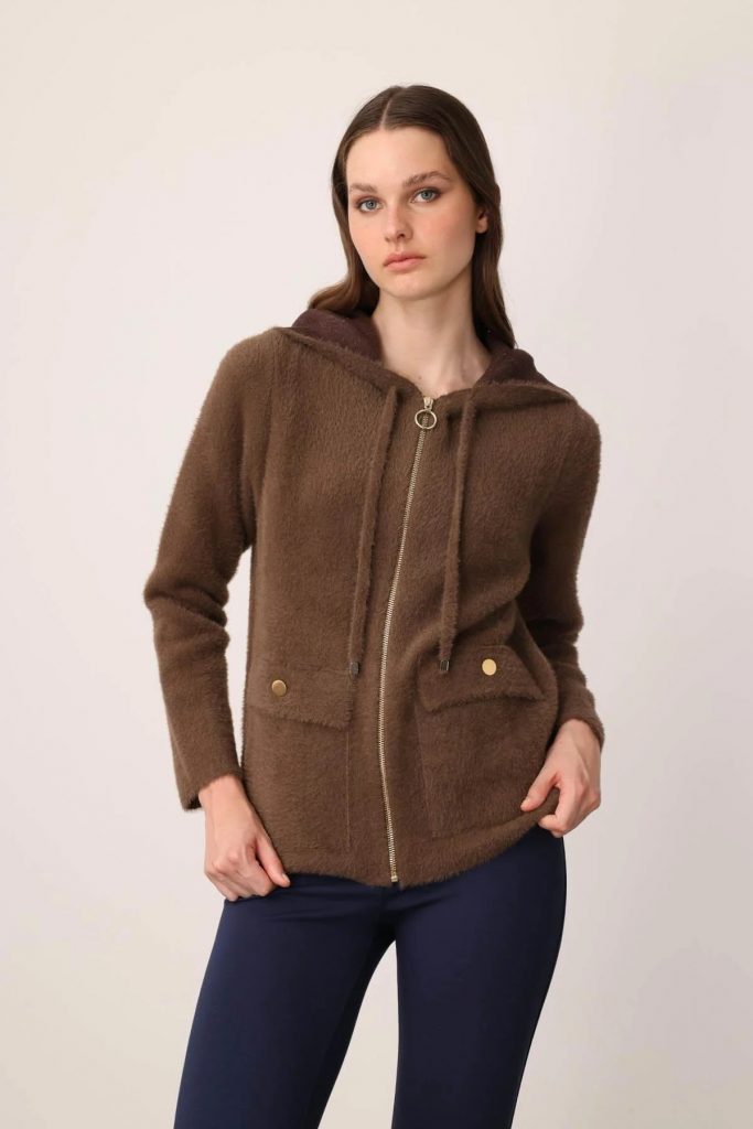 DESEN Kapüşonlu Fermuarlı Kısa Triko Sweatshirt 25005 - kahve