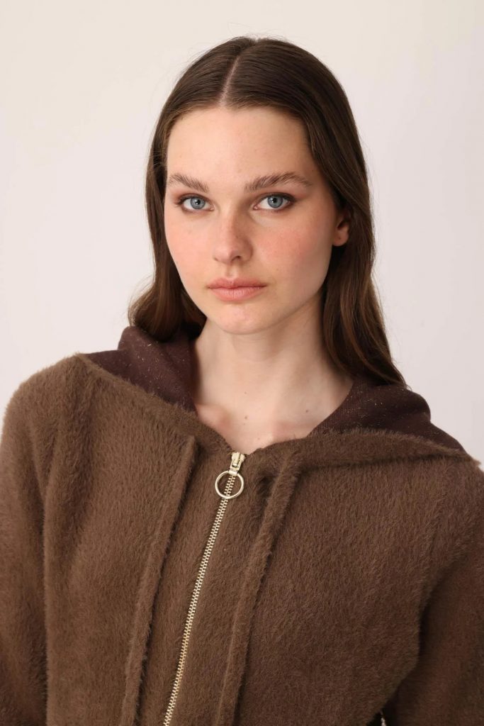 DESEN Kapüşonlu Fermuarlı Kısa Triko Sweatshirt 25005 - kahve