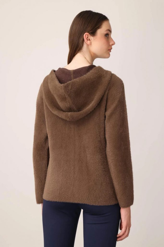 DESEN Kapüşonlu Fermuarlı Kısa Triko Sweatshirt 25005 - kahve