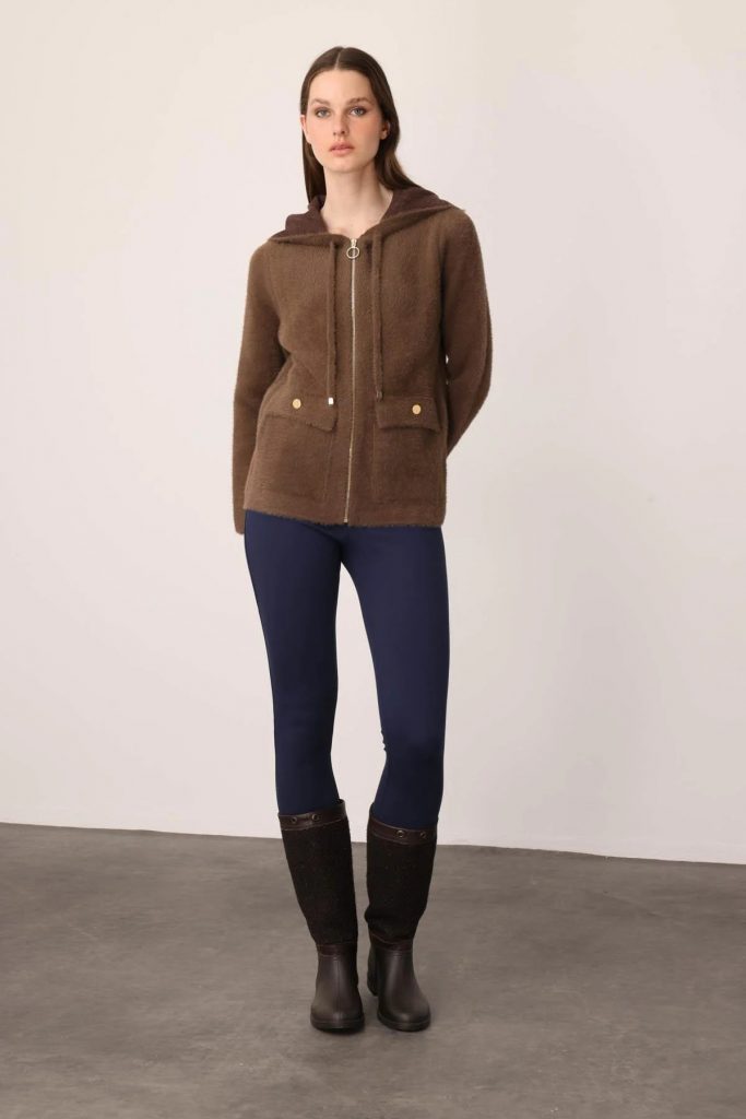 DESEN Kapüşonlu Fermuarlı Kısa Triko Sweatshirt 25005 - kahve