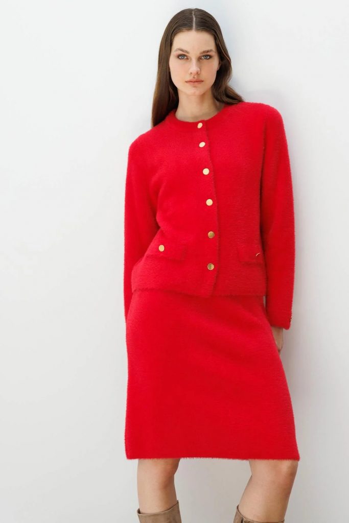 DESEN Sıfır Yaka Metal Düğmeli Afrodit Kısa Triko Hırka 25006 - KIRMIZI