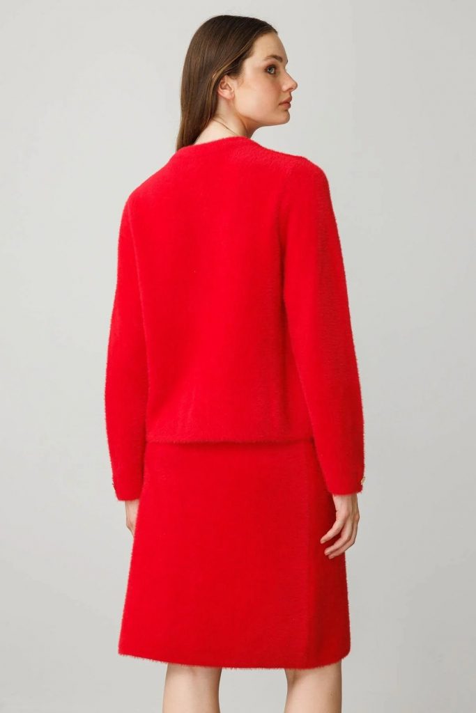 DESEN Sıfır Yaka Metal Düğmeli Afrodit Kısa Triko Hırka 25006 - KIRMIZI