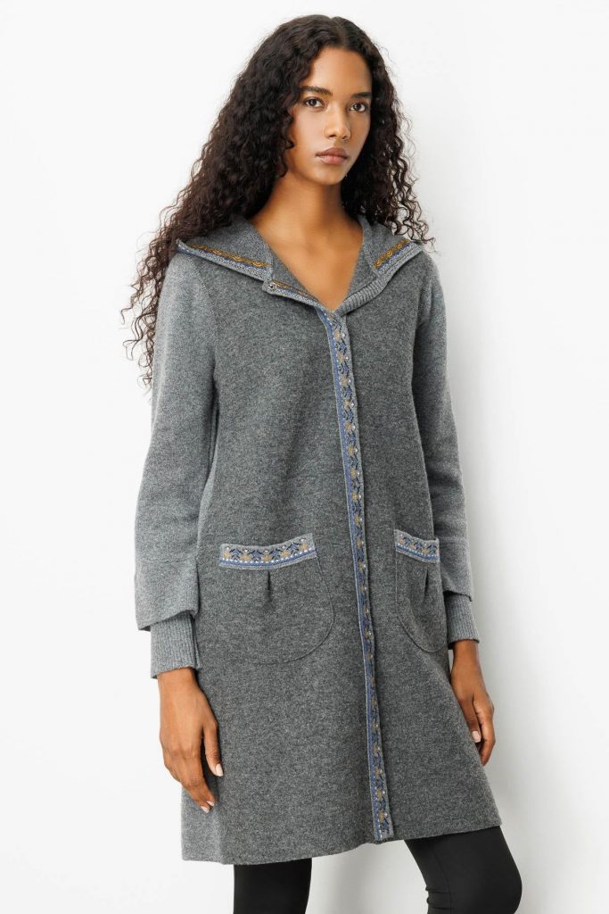 DESEN Kapüşonlu Önü Keçe Yün Kaban 25019 - FÜME