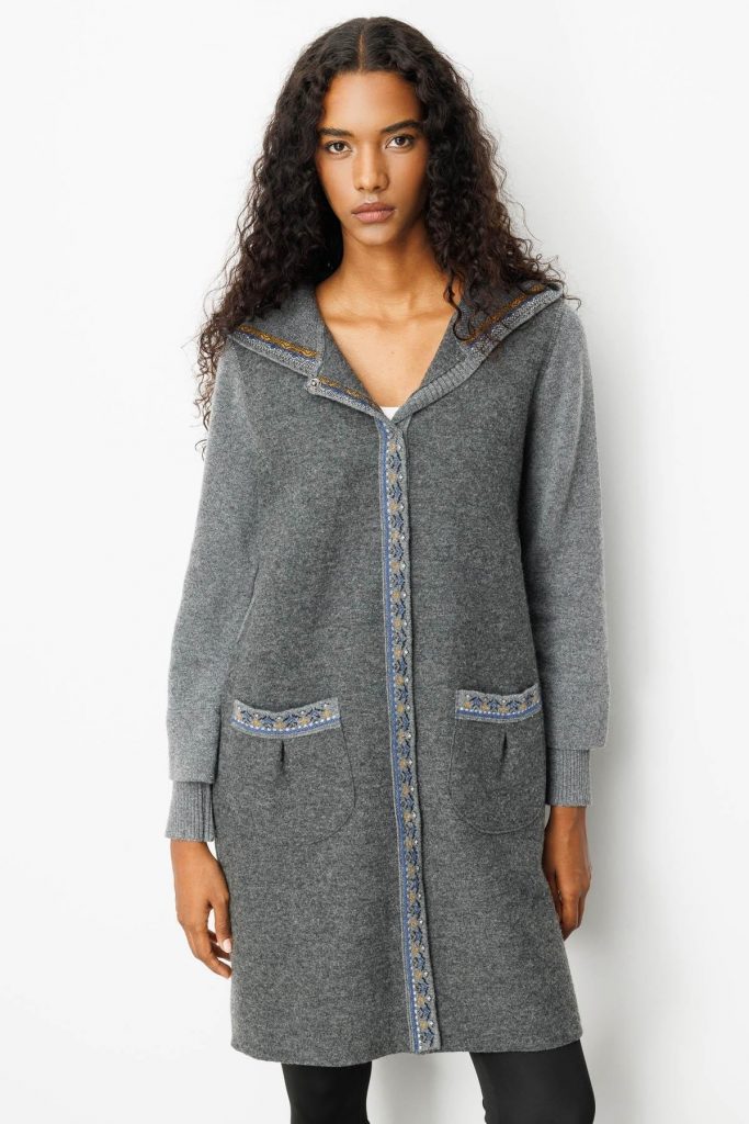 DESEN Kapüşonlu Önü Keçe Yün Kaban 25019 - FÜME